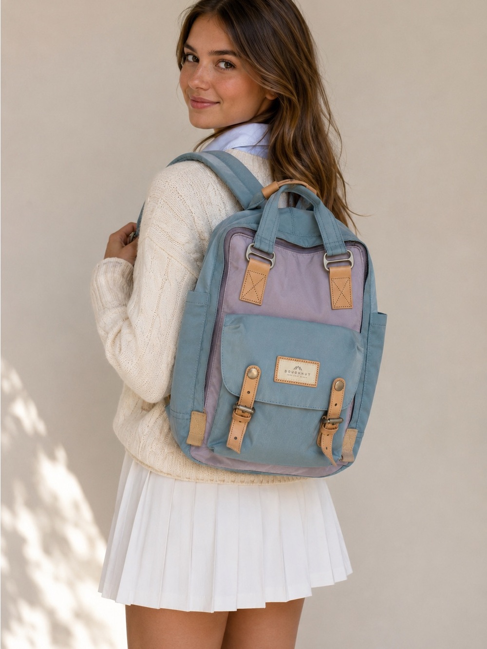 Doughnut Macaroon Blue & Lavender Canvas Backpack with Tan Accents - Women
